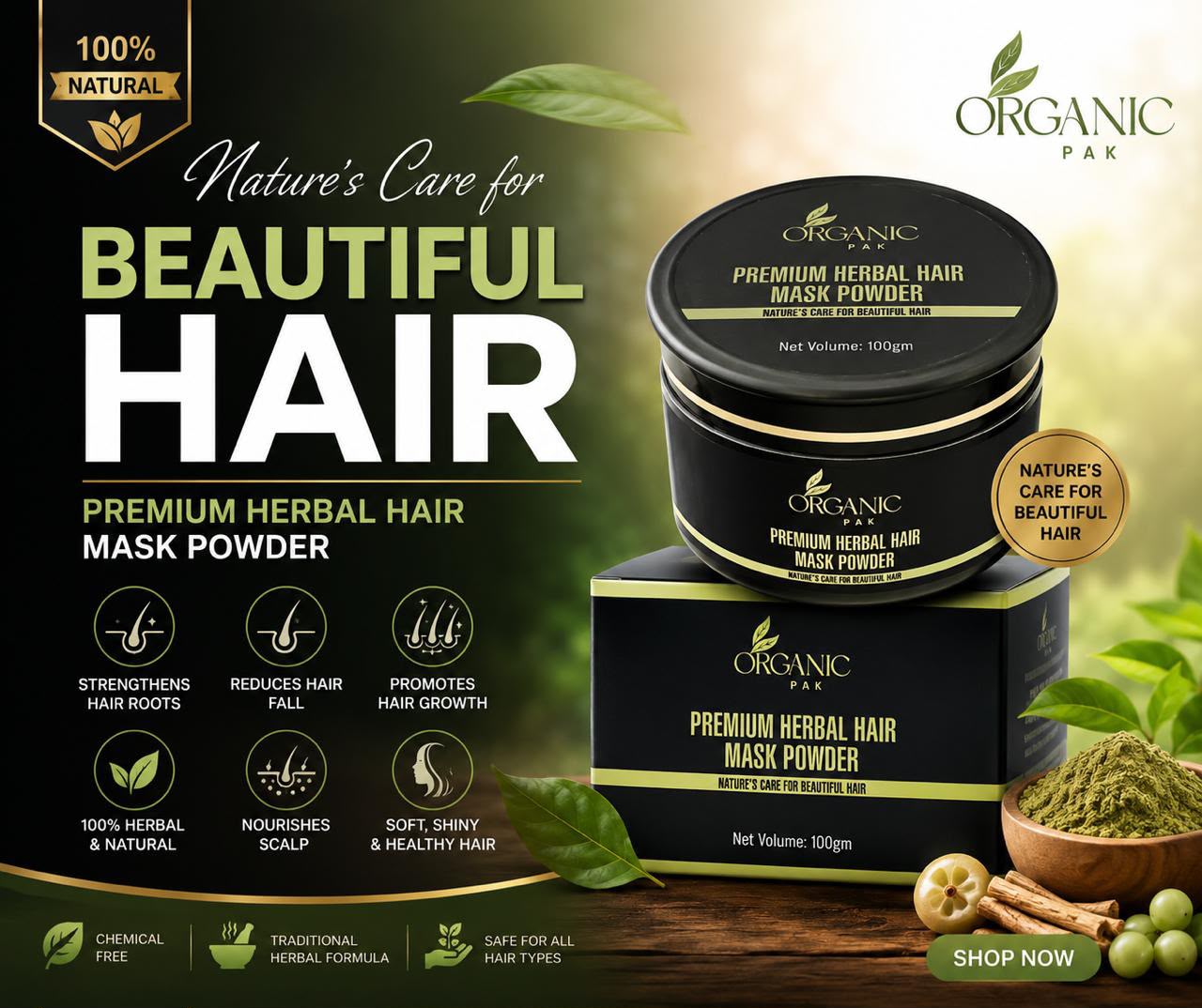 Organic Pak Premium Herbal Hair Mask Powder | 100% Natural Hair Treatment | 100g